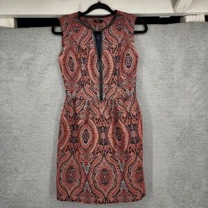 Raoul Sleeveless Dress US 0 UK 4 FR 32 Orange Blue Paisley Print Leather‎ Trim